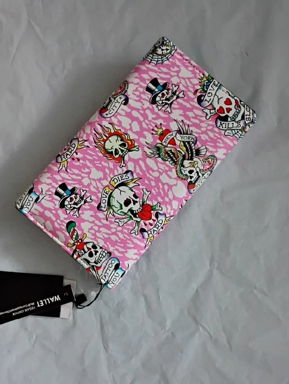 Ed Hardy Pink Skull Tattoo-Print Trifold Wallet NWT